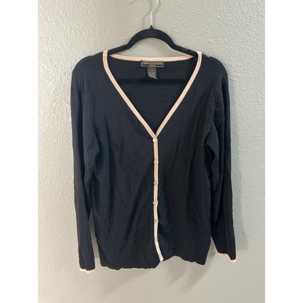 Linda Matthews Woman Black Tan Trim Cardigan & Shell 2pc Sweater Set 1X